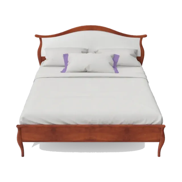 Classic beech-wood double bed with a curved headboard in walnut finish, front view