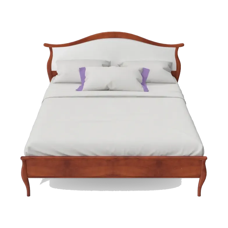 Classic beech-wood double bed with a curved headboard in walnut finish, front view