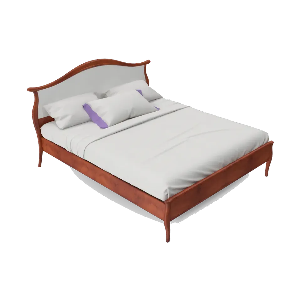 Classic beech-wood double bed with a curved headboard in walnut finish, angled view