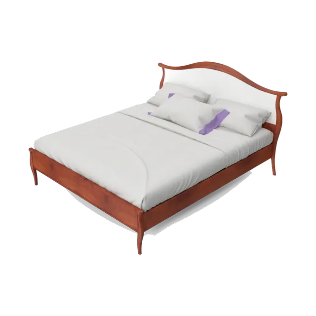 Classic beech-wood double bed with a curved headboard in walnut finish, side angle