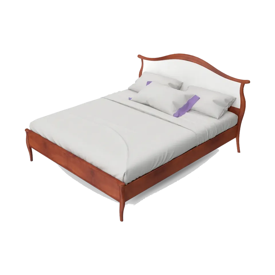 Classic beech-wood double bed with a curved headboard in walnut finish, side angle