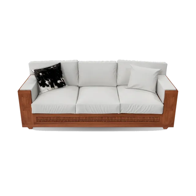 Teak-frame three-seater sofa with off-white linen cushions, front view