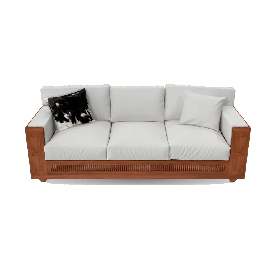 Teak-frame three-seater sofa with off-white linen cushions, front view