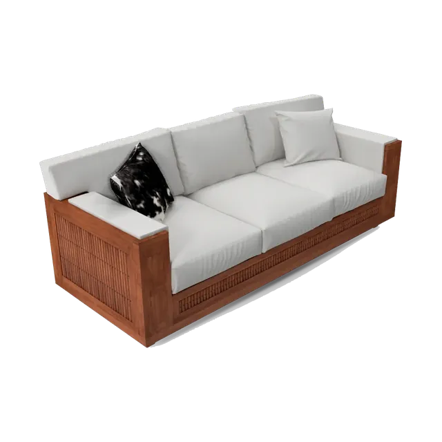 Teak-frame three-seater sofa with off-white linen cushions, angled view