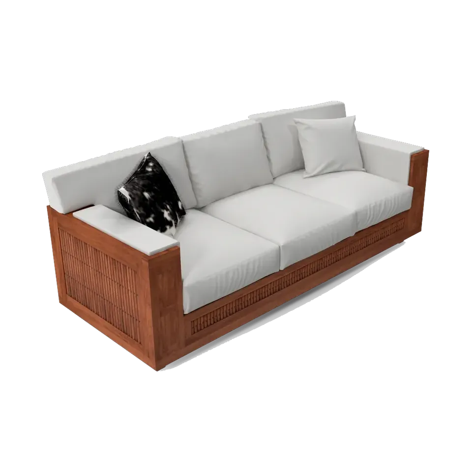 Teak-frame three-seater sofa with off-white linen cushions, angled view