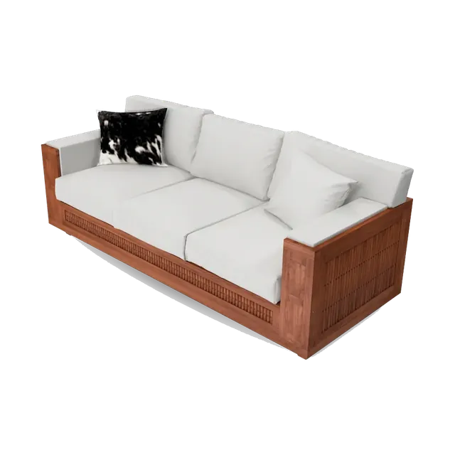 Teak-frame three-seater sofa with off-white linen cushions, side angle