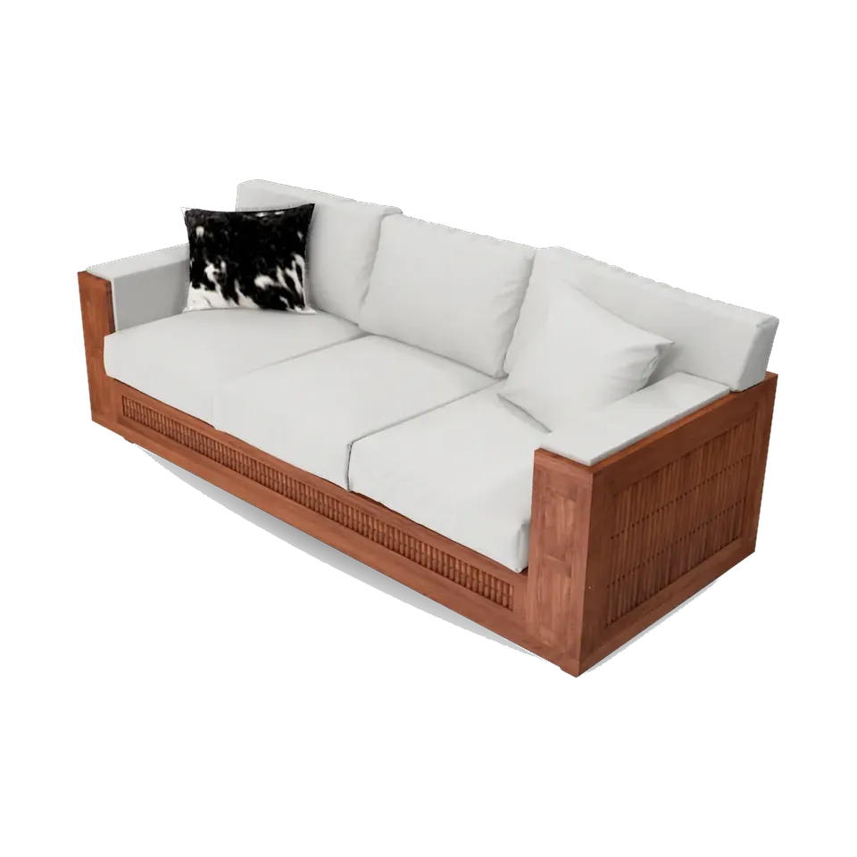 Teak-frame three-seater sofa with off-white linen cushions, side angle