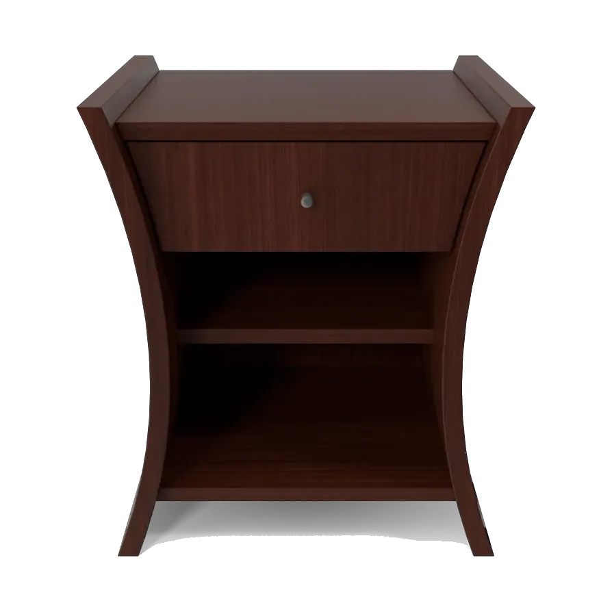 Dark cherry-wood bedside table with curved sides, a drawer and an open shelf, front view