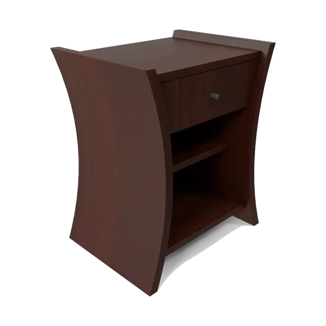 Dark cherry-wood bedside table with curved sides, a drawer and an open shelf, angled view