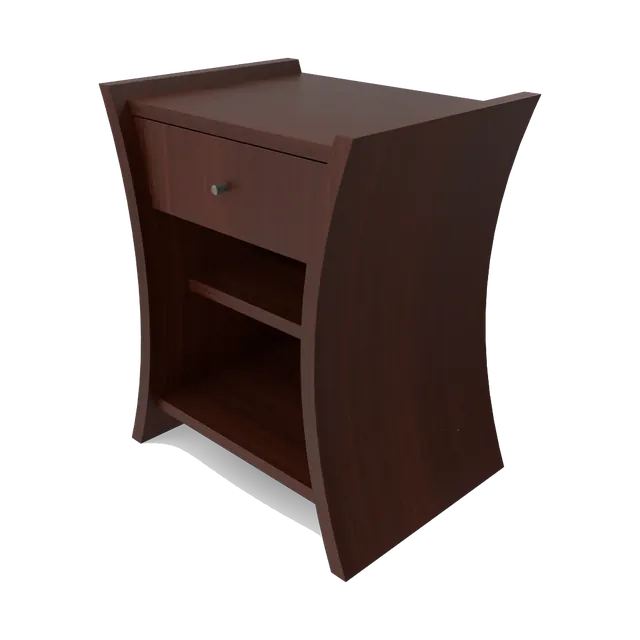 Dark cherry-wood bedside table with curved sides, a drawer and an open shelf, side angle