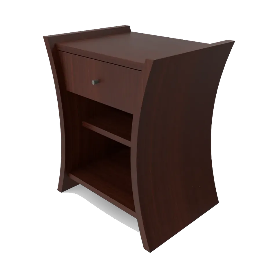 Dark cherry-wood bedside table with curved sides, a drawer and an open shelf, side angle