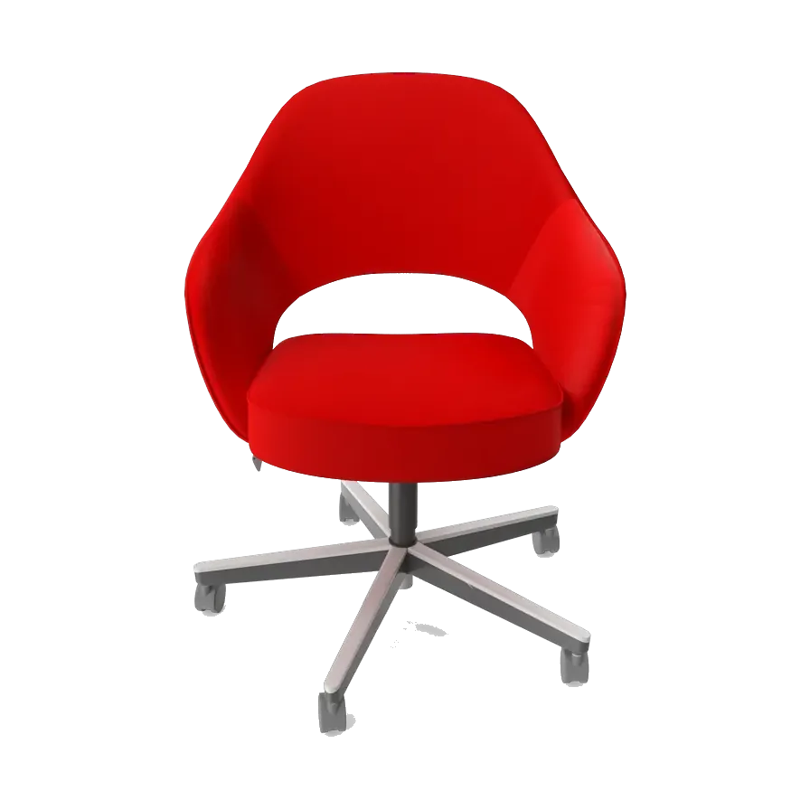 Red upholstered swivel armchair with a polished five-star base, front view