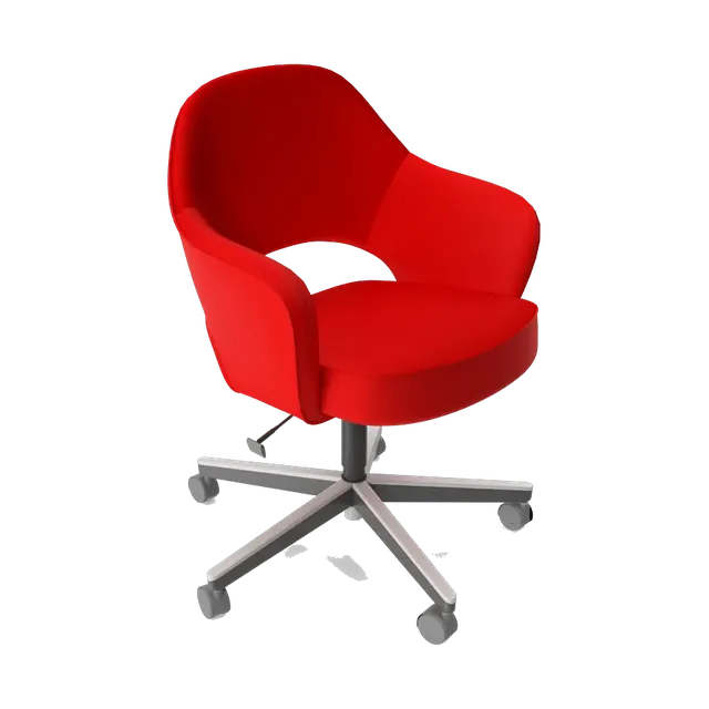 Red upholstered swivel armchair with a polished five-star base, angled view