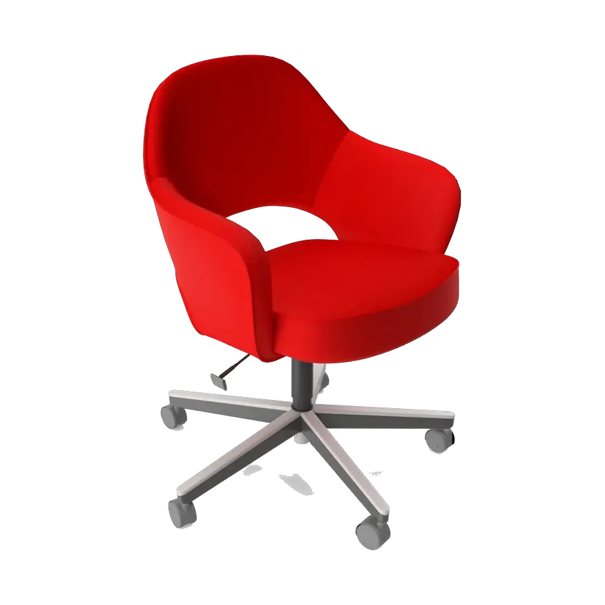 Red upholstered swivel armchair with a polished five-star base, angled view