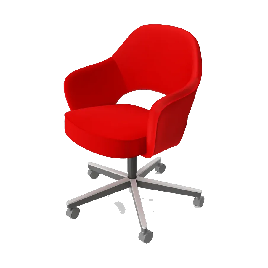 Red upholstered swivel armchair with a polished five-star base, side angle