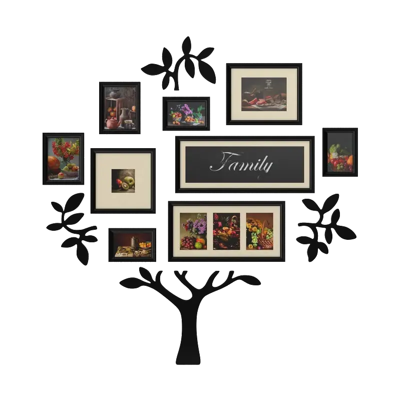Family tree wall decal with ten black photo frames