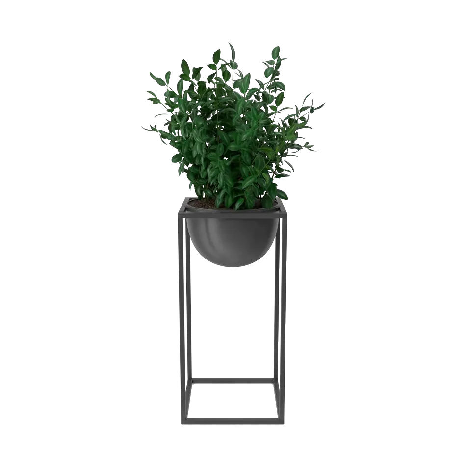 Artificial boxwood plant in a black bowl on a tall metal stand, front view