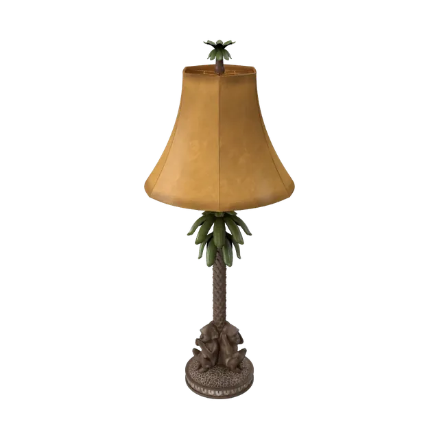 Table lamp with a palm-tree resin base and an amber bell shade