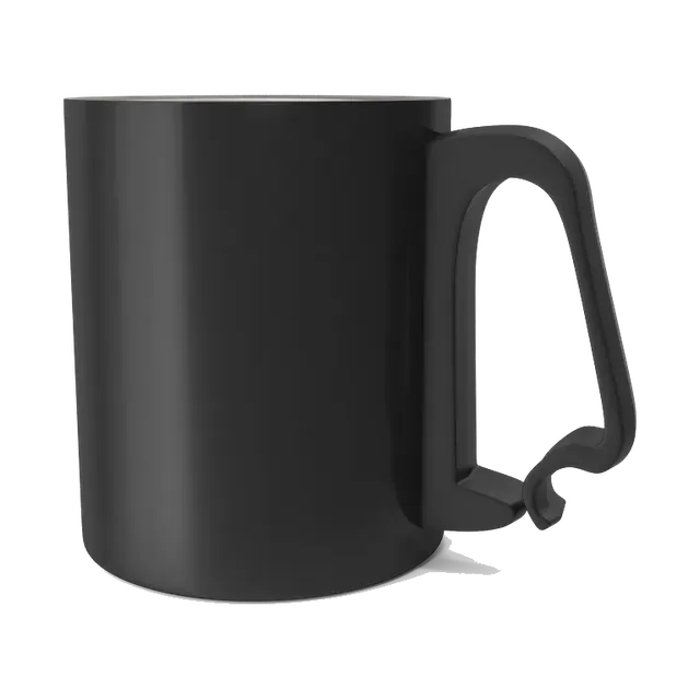 Black aluminium camping mug, side view