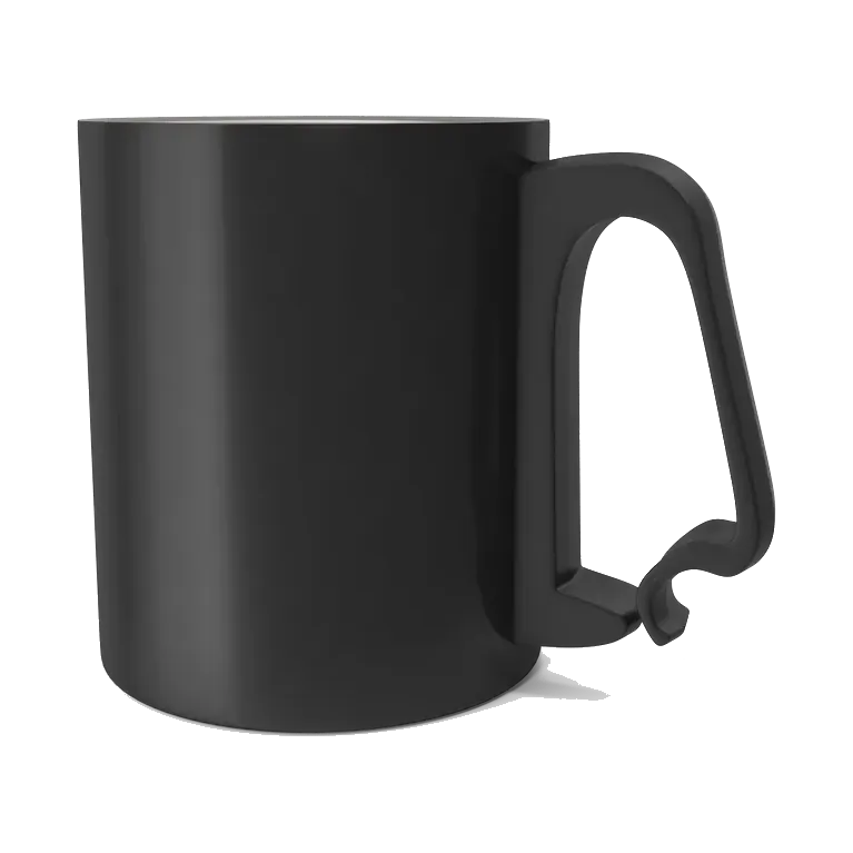 Black aluminium camping mug, side view