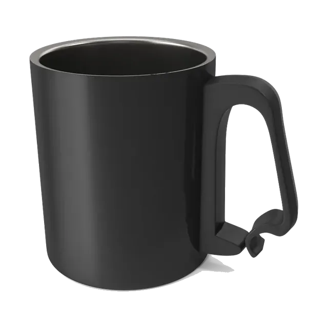 Black aluminium camping mug, angled view of the rim