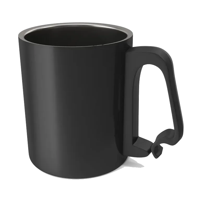 Black aluminium camping mug, angled view of the rim