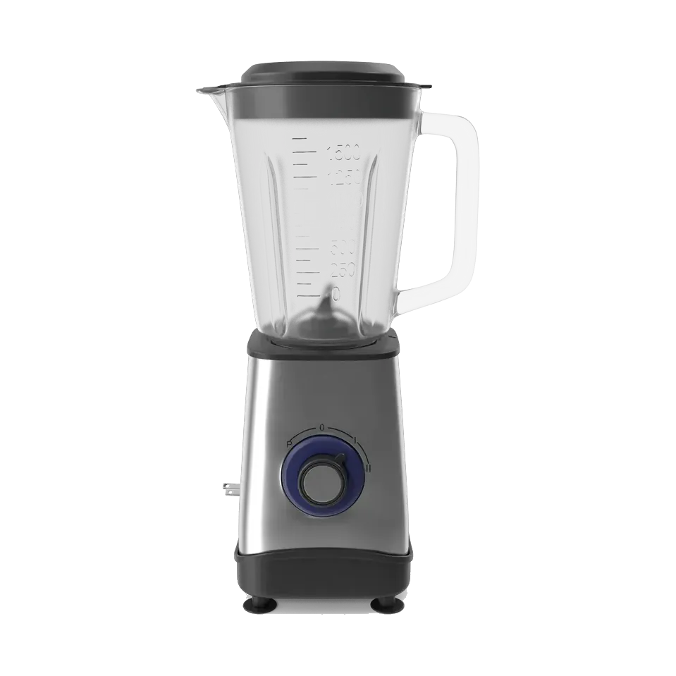 Tornado blender with a glass jar and stainless base, front view