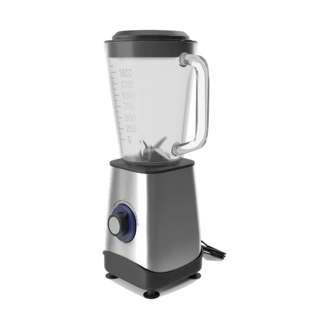 Tornado blender with a glass jar and stainless base, three-quarter view