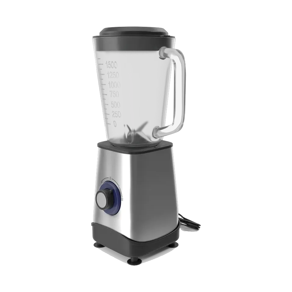Tornado blender with a glass jar and stainless base, three-quarter view