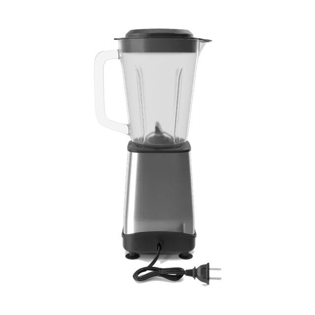 Tornado blender with a glass jar and stainless base, side view with the power cord