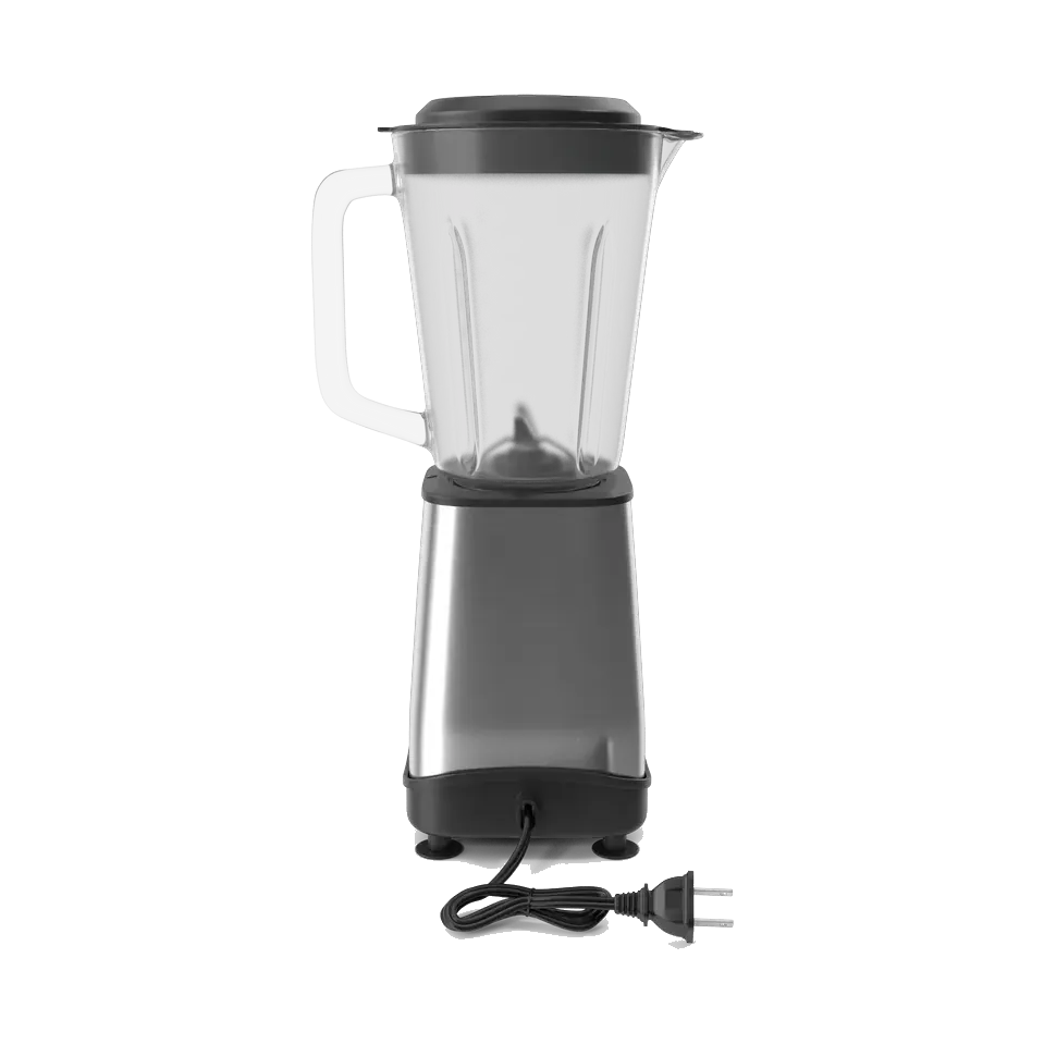 Tornado blender with a glass jar and stainless base, side view with the power cord