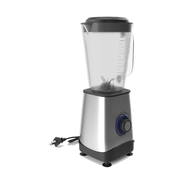 Tornado blender with a glass jar and stainless base, angled view from the right