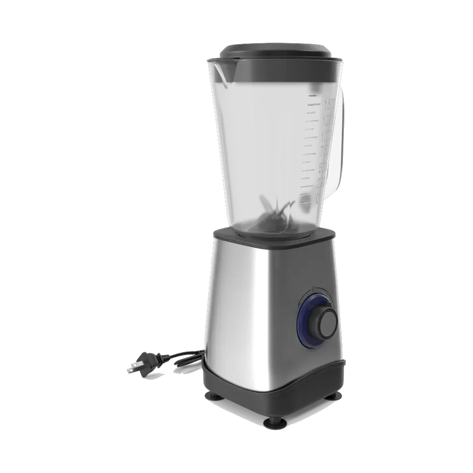 Tornado blender with a glass jar and stainless base, angled view from the right