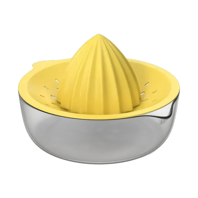 Glass citrus squeezer with a yellow reamer
