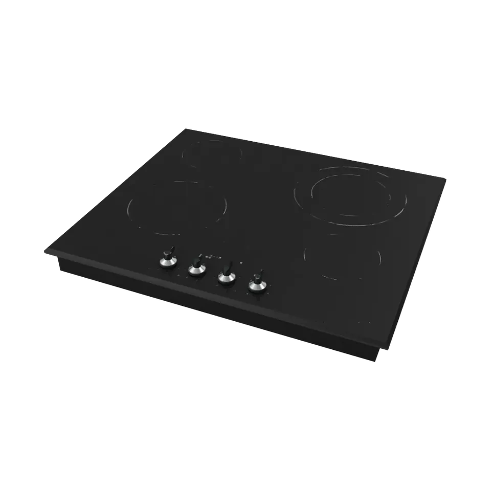 Beko 60 cm black ceramic hob with front knobs, angled view