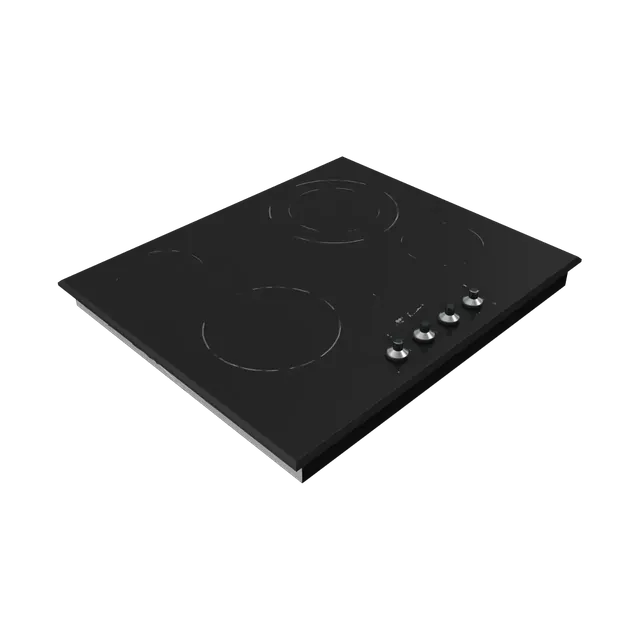 Beko 60 cm black ceramic hob with front knobs, top view of the cooking zones