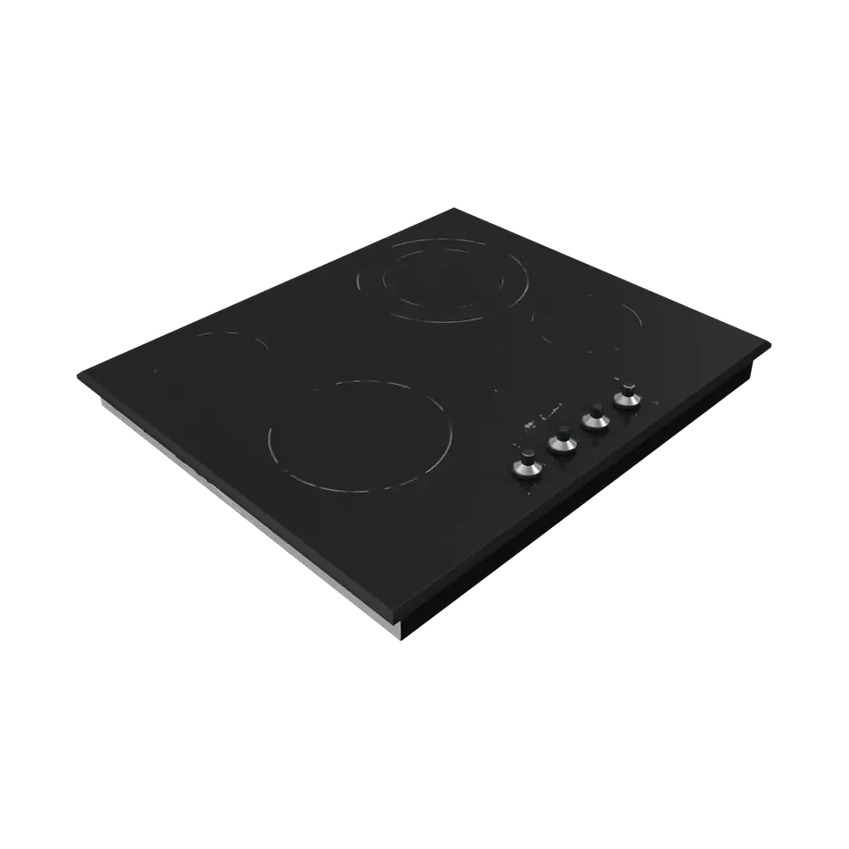 Beko 60 cm black ceramic hob with front knobs, top view of the cooking zones