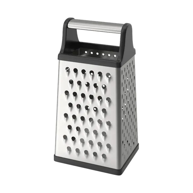 Four-sided stainless box grater with a black handle