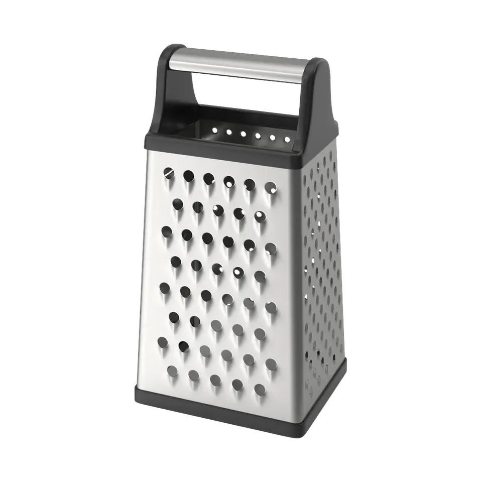 Four-sided stainless box grater with a black handle