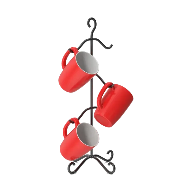 Black metal mug tree stand, with four red mugs