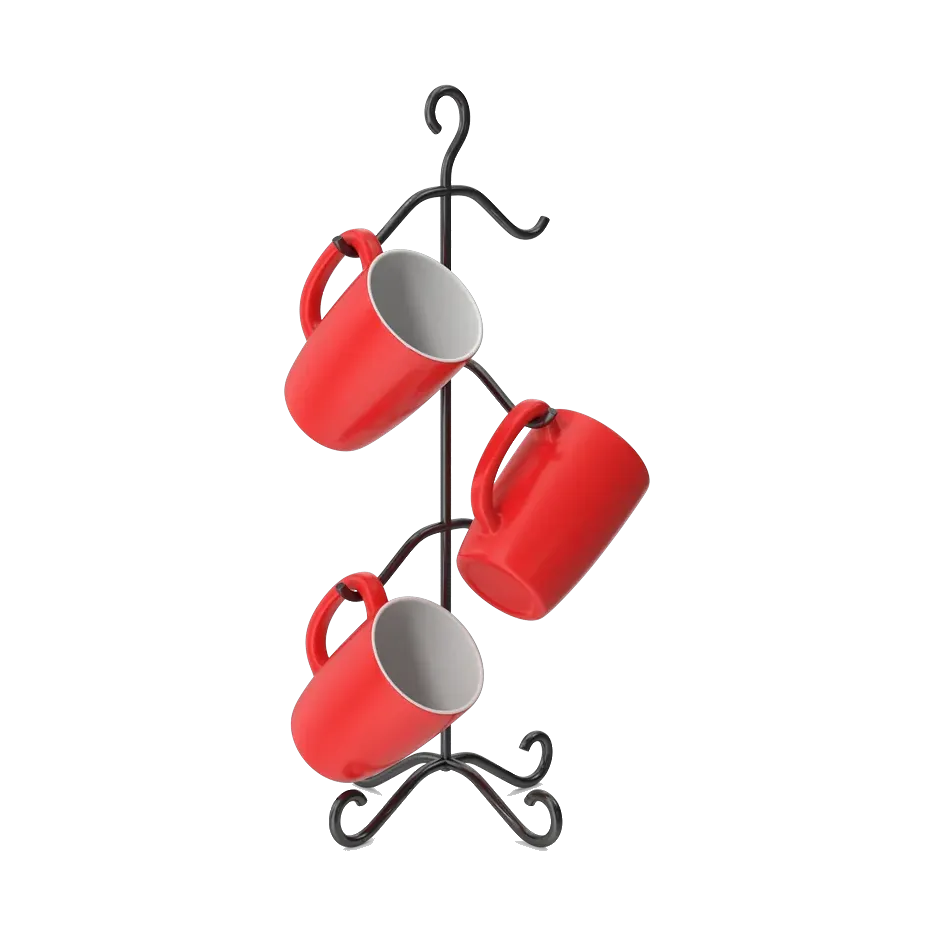 Black metal mug tree stand, with four red mugs