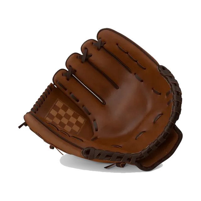 Brown leather Rawlings baseball glove, angled view