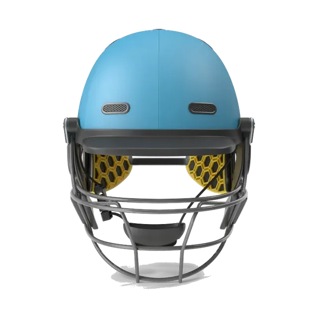 Sky-blue Masuri cricket helmet with a steel grille, front view