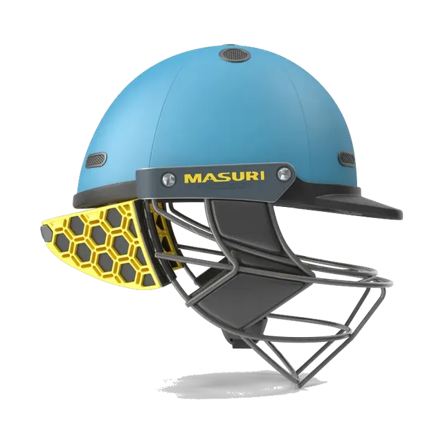 Sky-blue Masuri cricket helmet with a steel grille, other side