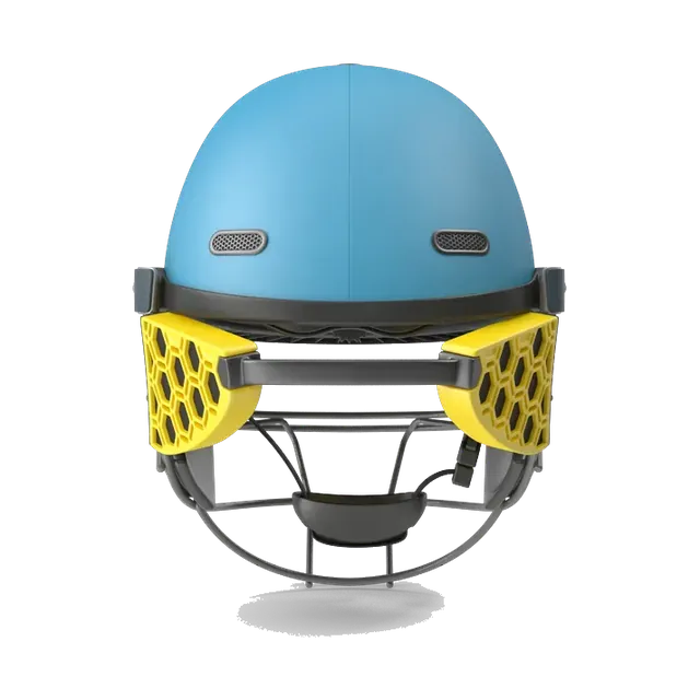 Sky-blue Masuri cricket helmet with a steel grille, front angle