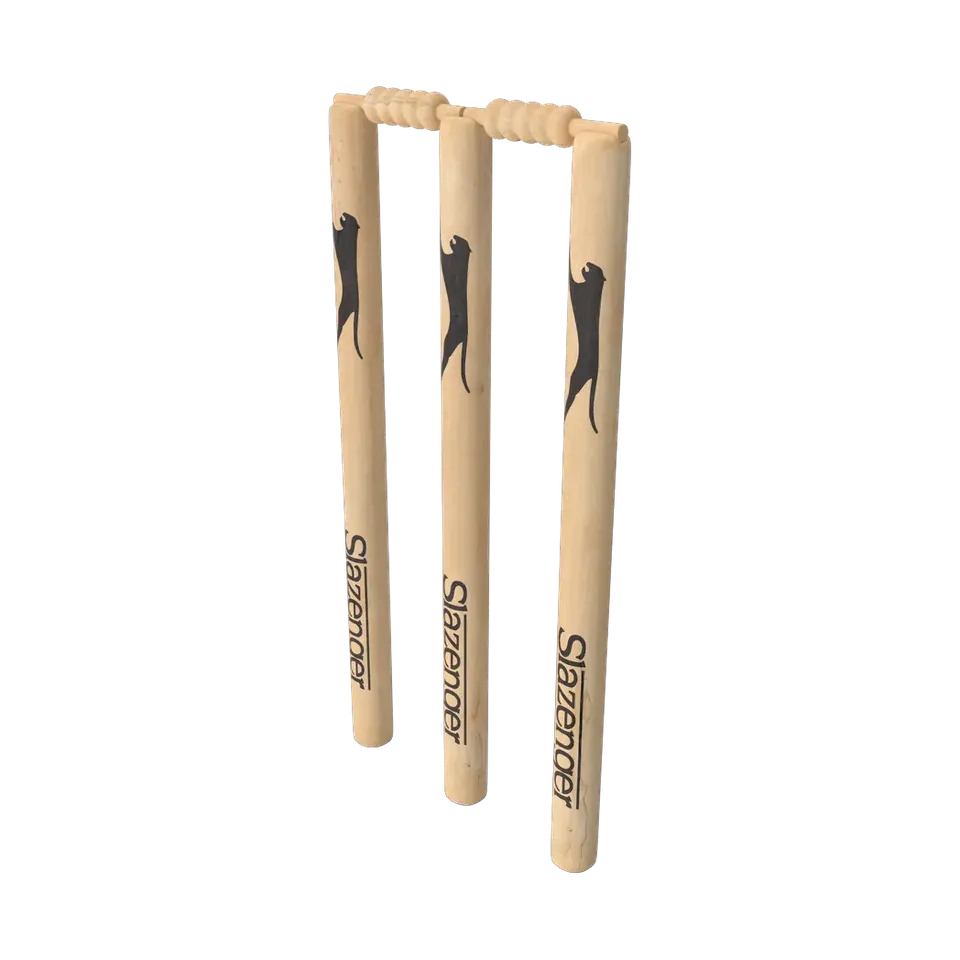 Three Slazenger wooden cricket stumps with bails