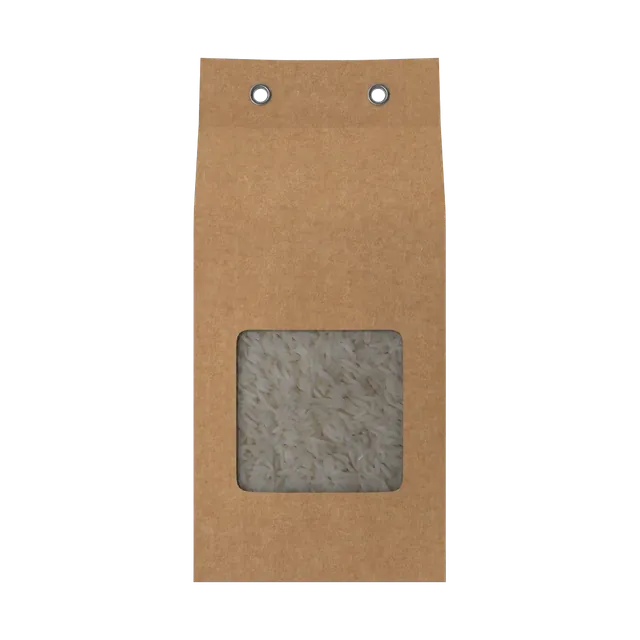 Isis organic rice in a kraft paper bag