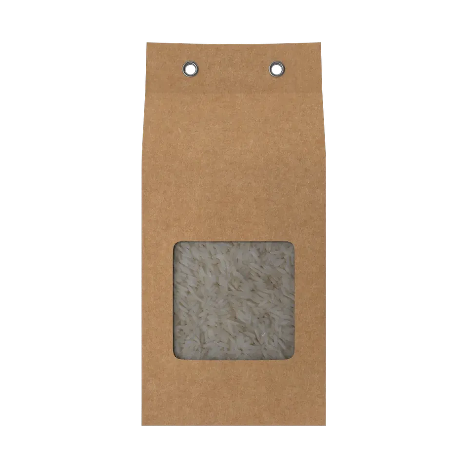 Isis organic rice in a kraft paper bag